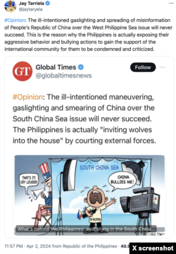 โฆษกยามชายฝั่งฟิลิปปินส์ให้ความเห็นต่อบทความหนึ่งโดยสื่อที่รัฐบาลจีนเป็นผู้สนับสนุน ที่กล่าวโทษฟิลิปปินส์ว่า เป็นผู้ทำให้สถานการณ์ในทะเลจีนใต้คุกรุ่นขึ้น (ภาพจาก X)