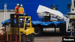 A view of the Horizon Arctic ship, as salvaged pieces of the Titan submersible from OceanGate Expeditions are returned, in St. John's harbor, Newfoundland, Canada, June 28, 2023. 