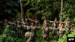 필리핀 신인민군(NPA) 게릴라들이 지난 2017년 마닐라 동부 산악에서 집합하고 있다. (자료사진)