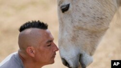 Zeljko Ilicic kisses a horse in the Old Hill, sanctuary for horses in the town of Lapovo, in central Serbia, April 3, 2024.