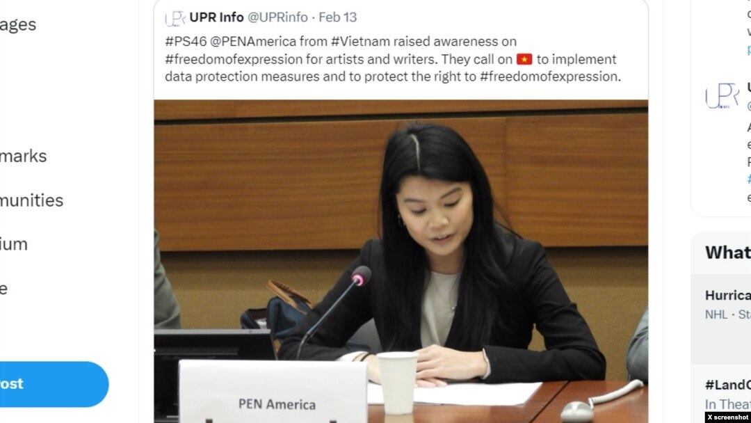 Đại diện Văn Bút Mỹ phát biểu tại buổi họp ở Geneva, ngày 13/2/2024.