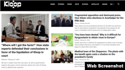 Screenshot taken on Feb. 10, 2024, of the news website, Kloop.kg. On Feb., 9, 2024, a court in Kyrgyzstan ordered the site shut down.