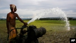 FILE - A man irrigates his field with an electric water pump at Bagh Jap village, about 55 kilometers (34 miles) east of Gauhati, India, Tuesday, Aug. 11 2009. (AP Photo/Anupam Nath)