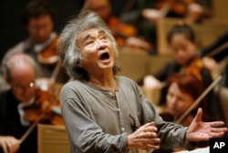 FILE - Seiji Ozawa conducts the Boston Symphony Orchestra during a rehearsal of Berlioz's "Symphonie Fantastique," at Symphony Hall, Boston, Massachusetts, Nov. 26, 2008.