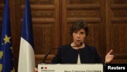 French Foreign Minister Catherine Colonna speaks during a press conference at the Pine Residence, the official residence of the French ambassador to Lebanon, in Beirut, Dec. 18, 2023.
