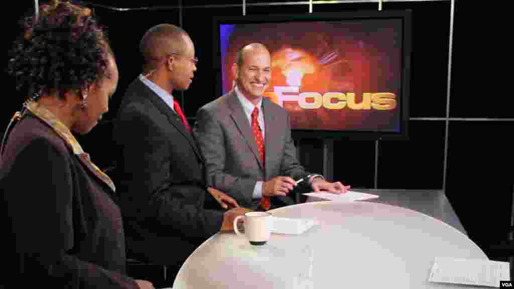 VOA&#39;s Vincent Makori, Ndimyake Mwakalyelye and Sonny Young on the set of In Focus in an undated photo.&nbsp; &nbsp;