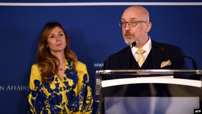 Ukrainian Defense Minister Oleksii Reznikov speaks next to Ukrainian Deputy Foreign Minister Emine Dzhaparova at the Black Sea Security Conference under the auspices of Crimea International Platform in Bucharest, Apr. 13, 2023.