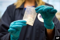 FILE - A bag of 4-fluoro isobutyryl fentanyl that was seized in a drug raid is displayed at the Drug Enforcement Administration Special Testing and Research Laboratory in Sterling, Va., Aug. 9, 2016.