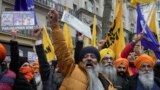 FILE - Sikh protesters demonstrate outside of the Indian High Commission in London on March 22, 2023.