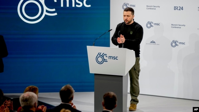 Ukrainian President Volodymyr Zelenskyy speaks at the Munich Security Conference, in Munich, Germany, Feb. 17, 2024.