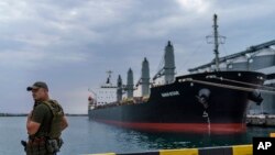 FILE - A security officer stands next to the ship Navi-Star loaded with grain as it waits to sail to sail from the Odesa Sea Port, in Odesa, Ukraine, on July 29, 2022.