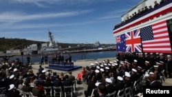 美國、英國和澳大利亞領導人在聖迭戈美國海軍洛瑪角基地宣佈推進“澳英美安全協議”核潛艇方案。（2023年3月13日）