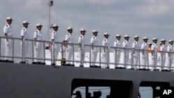 FILE - Chinese navy sailors stand in formation on board the naval training ship Qi Jiguang, as it docks at Manila's port, Philippines, June 14, 2023. Russia just concluded joint exercises with China's sea forces in the Sea of Japan, the Russian defense ministry announced Sunday.