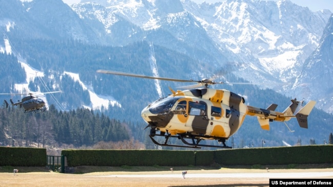 UH-72 Lakota helicopters prepare to land at Sheridan Barracks in Garmisch-Partenkirchen, Germany, April 1, 2020.