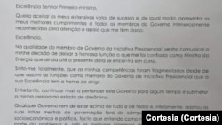 Carta de demissão de Valentino Ernesto Hildenerto Infanda, ministro da Energia da Guiné-Bissau
