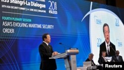 Japan's Minister of Defense, Hamada Yasukazu, speaks at a plenary session during the 20th IISS Shangri-La Dialogue in Singapore, June 3, 2023. 