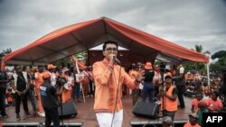 Incumbent Madagascar President Andry Rajoelina, candidate in the 2023 presidential election, speaks at a political rally during his re-election campaign, in Mahanoro, November 11, 2023. 