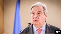 Sekretaris Jenderal PBB Antonio Guterres menyampaikan pidato pembukaan sesi ke-55 Dewan Hak Asasi Manusia di Jenewa, 26 Februari 2024. (GABRIEL MONNET / AFP)