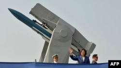 (FILE) Taiwan's President Tsai Ing-wen during a ceremony to commission two Perry-class guided missile frigates from the US into the Taiwan Navy in Tawian.