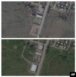 This combination of Oct. 19, 2022, top, and June 4, 2023 satellite images from Planet Labs shows a suspected detention center in Morskaya, Ukraine. The bottom image shows a building added at the site.