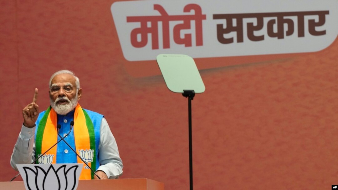 Indian Prime Minister Narendra Modi speaks during an event in which he released his ruling Bharatiya Janata Party's manifesto for the upcoming national parliamentary elections in New Delhi, India, April 14, 2024. 
