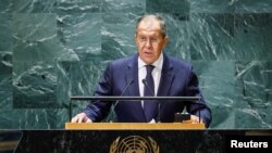 세르게인 라브로프 러시아 외무장관이 23일 유엔 총회에서 연설하고 있다.