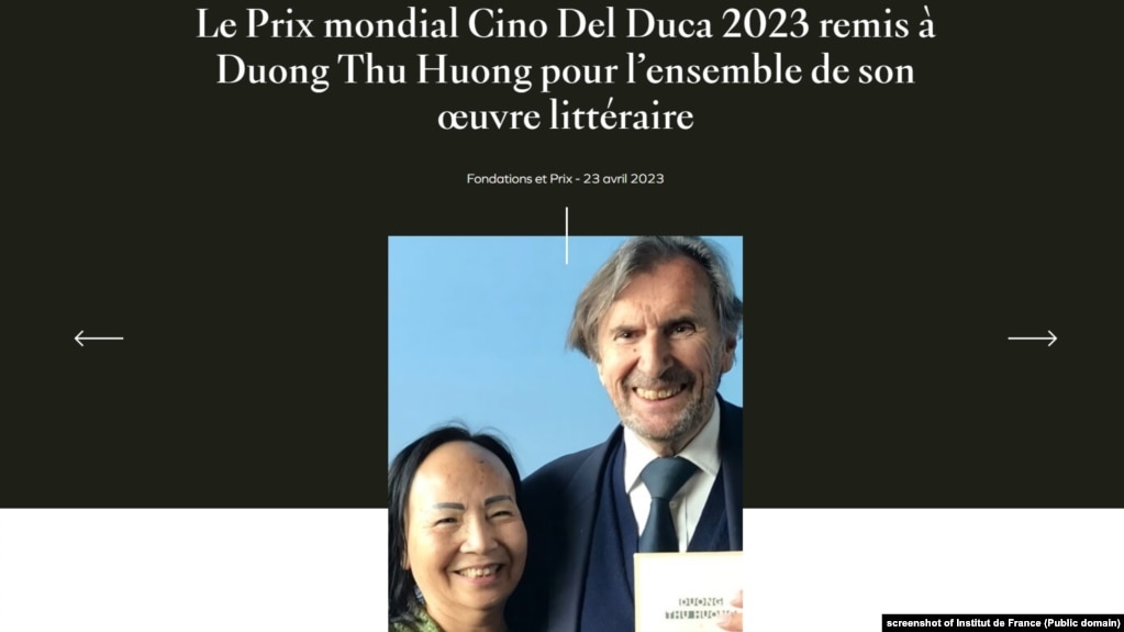 Viện Pháp quốc thông báo bà Dương Thu Hương được trao giải Cino Del Duca 2023, 23/4/2023.