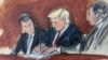 Sketsa gambar: Mantan Presiden AS Donald Trump, tengah, diapit oleh pengacara pembelanya, menandatangani surat jaminannya di pengadilan federal di kota Miami, Florida, Selasa 13 Juni 2023. 