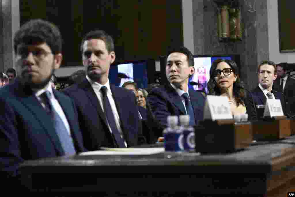 (L-R) Jason Citron, CEO of Discord; Evan Spiegel, CEO of Snap; Shou Zi Chew, CEO of TikTok; Linda Yaccarino, CEO of X; and Mark Zuckerberg, CEO of Meta, watch a video of victims before testifying at the US Senate Judiciary Committee hearing, &quot;Big Tech and the Online Child Sexual Exploitation Crisis,&quot; in Washington.&nbsp;