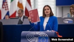 Sviatlana Tsikhanouskaya at a European Parliament session. Photo: Telegram