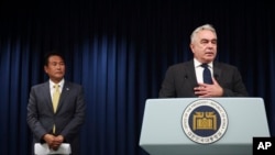 U.S. National Security Council Coordinator for Indo-Pacific Affairs Kurt Campbell, right, speaks as South Korea’s deputy national security director, Kim Tae-hyo stands nearby at the Presidential Office in Seoul, South Korea, July 18, 2023. 