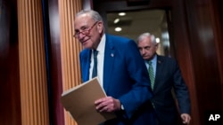 Senate Majority Leader Chuck Schumer, D-N.Y., with Senate Armed Services Committee Chairman Jack Reed, D-R.I., arrives to speak with reporters after completing work on the fiscal 2024 military spending bill, at the Capitol in Washington, July 27, 2023.