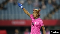 FILE — Zambia's starting goalkeeper Hazel Nali reacts during a match against Netherlands at the 2020 Tokyo Olympics held in Japan, July 21,2021.