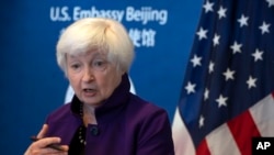 FILE - Treasury Secretary Janet Yellen speaks during a press conference at the U.S. Embassy in Beijing, July 9, 2023. She will visit Mexico Dec. 5-7 to boost cooperation on combating illicit finance and the trafficking of fentanyl.