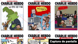 En la imagen se observa una compilación de seis portadas falsas de Charlie Hebdo. Foto: Captura de pantalla.