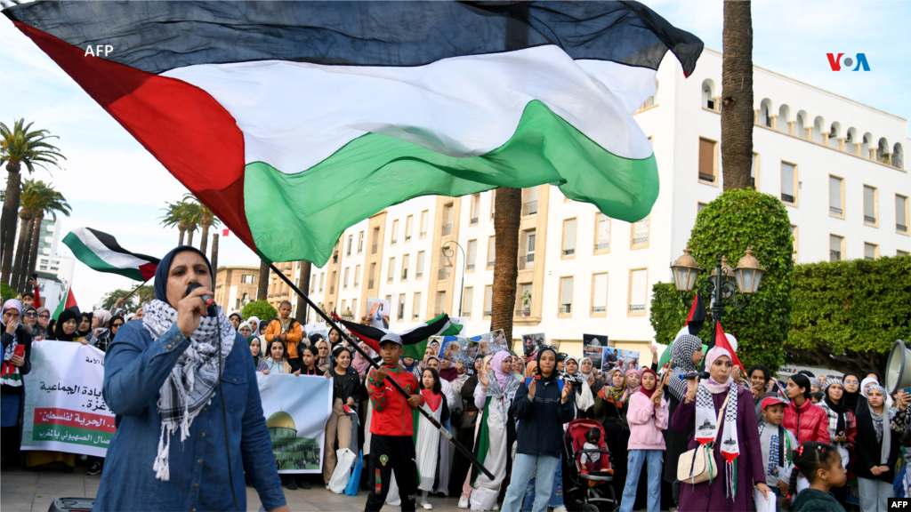 Un joven ondea una enorme bandera como apoyo al pueblo palestino en la Cisjordania ocupada por Israel y la Franja de Gaza, durante una manifestación en Rabat, capital de Marruecos.