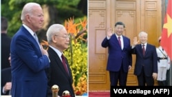 Tổng bí thư Việt Nam Nguyễn Phú Trọng tiếp đón Tổng thống Mỹ Joe Biden (ảnh trái) và Chủ tịch Trung Quốc Tập Cận Bình (ảnh phải) trong năm nay khi cả Washington và Bắc Kinh đểu muốn tăng cường quan hệ với Hà Nội.