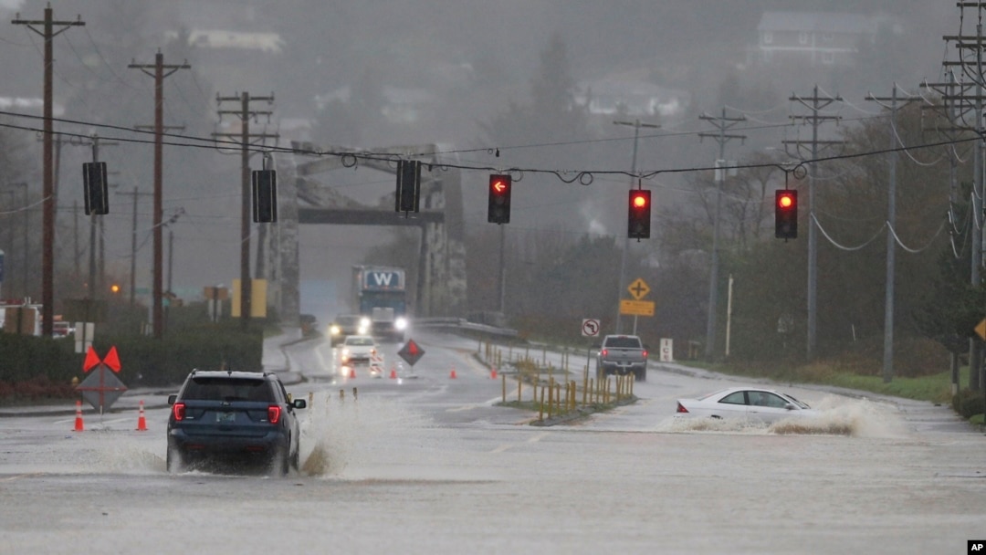 Heavy rain causes high water and flooding along Highway 101 in Tillamook, Oregon, Dec. 5, 2023.