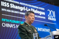 Chinese Defense Minister Gen. Li Shangfu delivers a speech on the last day of the 20th International Institute for Strategic Studies (IISS) Shangri-La Dialogue, Asia's annual defense and security forum, in Singapore, June 4, 2023.