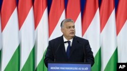 Hungary's Prime Minister Viktor Orban delivers his annual "State of Hungary" speech in Budapest, Hungary, Feb. 17, 2024. 