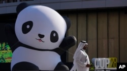 A person walks outside of the China Pavilion near an inflatable panda at the COP28 UN Climate Summit, Dec. 8, 2023, in Dubai, United Arab Emirates. 