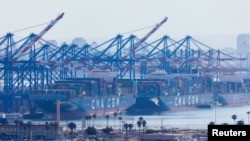 FILE - Container ships are shown at the Port of Los Angeles from San Pedro, California, June 23, 2023. 