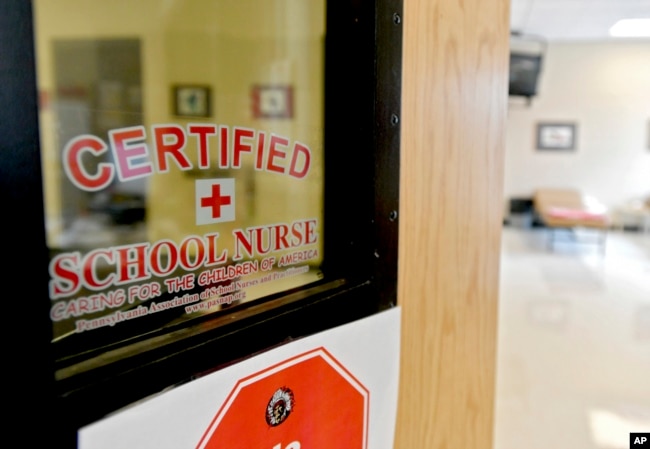 FILE - This Aug. 15, 2016, photo shows the front of the Bellefonte Area School District certified school nurses office in Pennsylvania. (Abby Drey/Centre Daily Times via AP, file)
