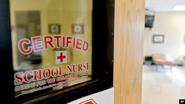 This Aug. 15, 2016, photo shows the front of the Bellefonte Area School District certified school nurses office in Pennsylvania.