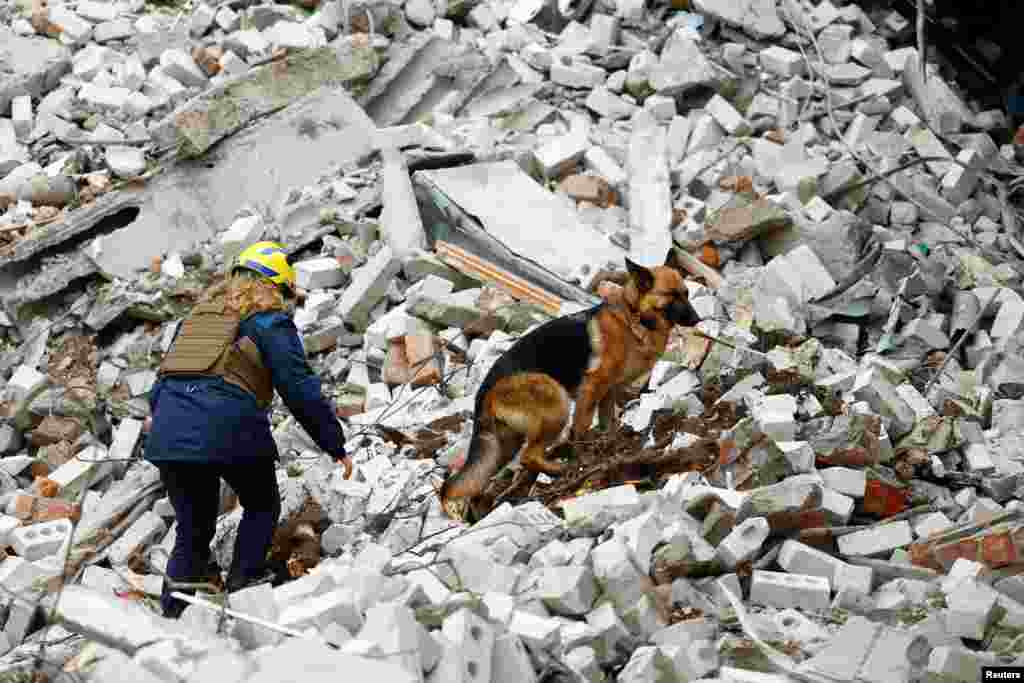 Un rescatista trabaja con un perro en el sitio de un edificio destruido durante un ataque con misiles rusos en Chernihiv, Ucrania, el 17 de abril de 2024. REUTERS/Valentyn Ogirenko &nbsp;