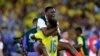 Colombia's Jefferson Lerma (16) and a teammate celebrate their team's 1-0 victory over Uruguay at the end of a Copa America semifinal soccer match in Charlotte, NC, July 10, 2024. 