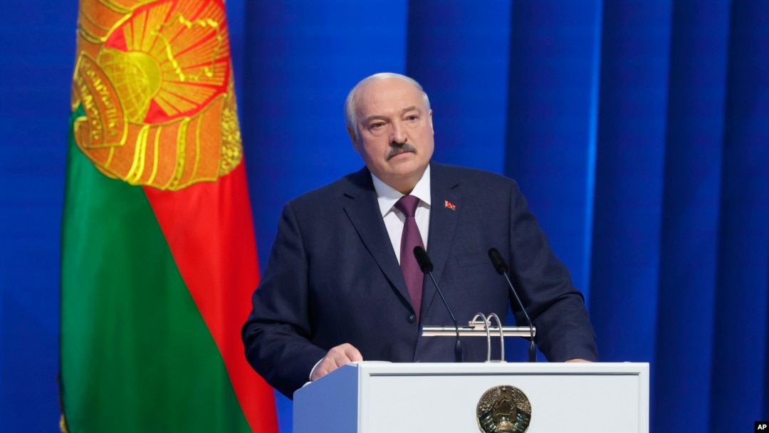FILE - In this photo provided by the Belarusian Presidential Press Service, Belarusian President Alexander Lukashenko delivers a state-of-the nation address in Minsk, March 31, 2023. (Belarusian Presidential Press Service via AP)