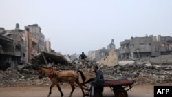 一名男子赶着马车走过被以色列空袭炸成废墟的拉法市建筑物。（2024年2月9日）