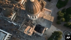 The Spaso-Preobrazhensky (Lord's Transfiguration) Cathedral is seen heavily damaged following Russian missile strikes in Odesa, Ukraine, July 23, 2023.