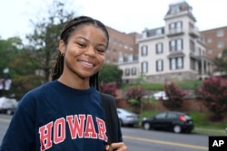 Howard University student Nikkya Taliaferro poses for a portrait across the street from her school, Aug. 30, 2024 in Washington.